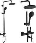 Thermostatic Shower Faucet System With Exposed Plumbing 8 Inch Round Shower Head Wall Mounted 8 Modes ABS Handheld Sprayer Tub Spout Matte Black Finish