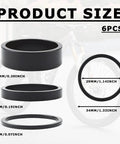 9 Piece Bicycle Headset Spacers Set for 1 And 1 Eighth Inch Steerer, Aluminum Alloy, Three Sizes displayed with dimensions