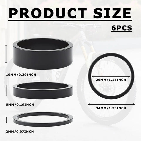 9 Piece Bicycle Headset Spacers Set for 1 And 1 Eighth Inch Steerer, Aluminum Alloy, Three Sizes displayed with dimensions