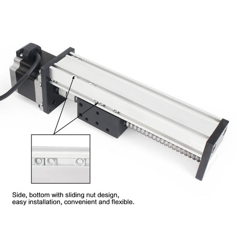 Side view of Heavy Duty 300mm Linear Stage Actuator With Square Slide Rail And 1605 Ballscrew Motorized XY XYZ CNC Linear Stage Table With Nema23 Stepper Motor For Precise Smooth Motion In Milling Laser And PCB Fabrication.