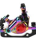 Heavy Duty Hydraulic Disc Brake Set For Mountain And Road Bikes Sturdy Aluminum Alloy Calipers in rainbow finish.