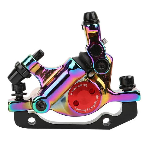 Heavy Duty Hydraulic Disc Brake Set For Mountain And Road Bikes Sturdy Aluminum Alloy Calipers in rainbow finish.