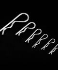 150 Pcs R Clip Cotter Pin Set With 6 Sizes In Plastic Box For Automotive Mechanics Tractor Hitch Pin Hairpin Fastener Car Truck Lawn Mower Repair And Heavy Duty Quick Secure Pins arranged in size order against black background.