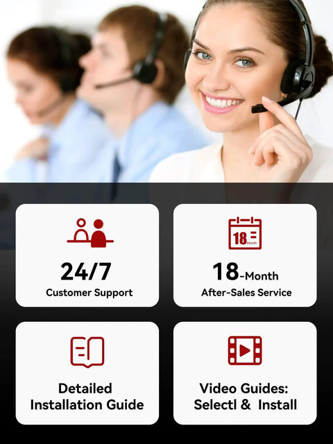 Customer support team showcasing 24/7 assistance, installation guides, and after-sales service with smiling representative.