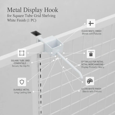 White Square Profile Metal Hook for Grid Shelving highlighting square tube fit and white finish.
