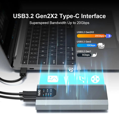 Killer Dual Bay M.2 NVMe RAID Enclosure showcasing USB3.2 Gen2X2 Type-C interface for 20Gbps transfer rates.