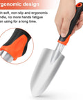 Close-up of Workhorse Heavy Duty Aluminum Garden Shovel With Ergonomic Handle for Digging Deep in Tough Soil with orange grip detail