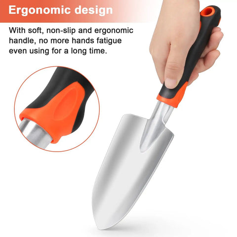 Close-up of Workhorse Heavy Duty Aluminum Garden Shovel With Ergonomic Handle for Digging Deep in Tough Soil with orange grip detail