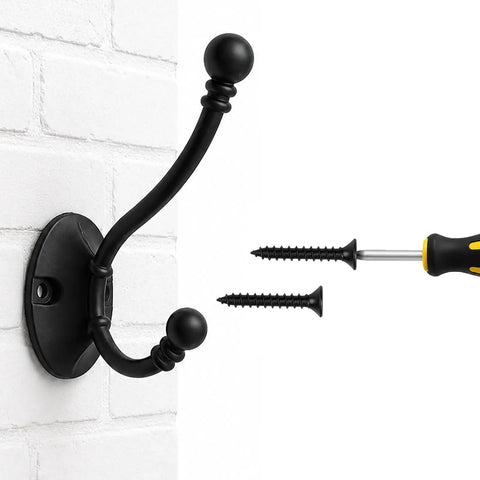 Heavy Duty Black Wall Mounted Coat Hooks 10 Pack With Complete Hardware Kit No Fuss Setup showing a wall hook and screws for installation.