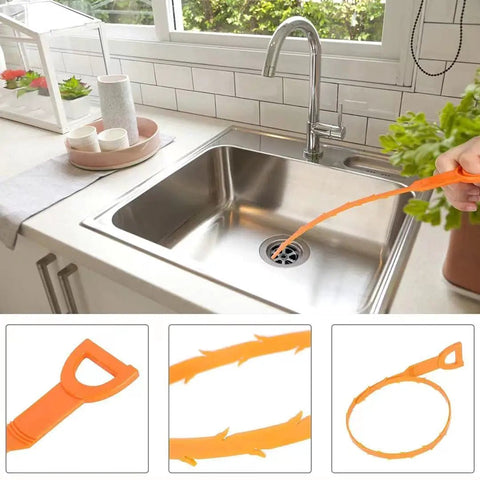 Orange 5 Pack 25 Inch Drain Clog Remover Snakes Hair Blockage Buster in a kitchen sink demonstrating clog removal.