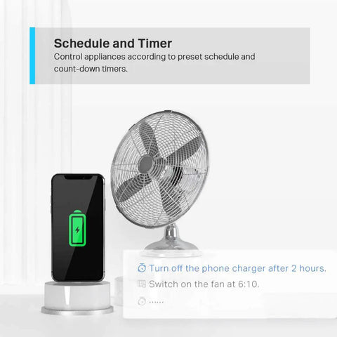 Smartphone and fan with White Tapo P100 Smart Plug 4 Pack With Alexa And Google Assistant Voice Control for scheduling