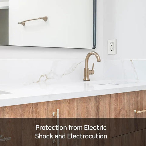 Bathroom countertop with a GFCI Outlet 15 Amp With Self Test, Tamper-Resistant, LED Indicator Light, Ground Fault Protection So You Stay Safe
