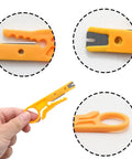 Close-up of Six Piece Mini Wire Stripper Set With Mini Punch Down Tool And Network Cable Cutter for RJ45 Cat5 Cat6 data cables.