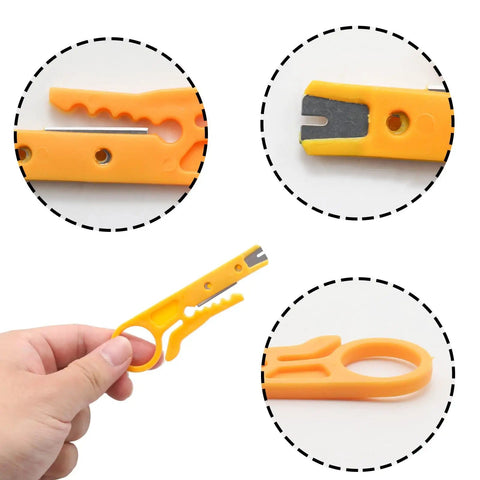 Close-up of Six Piece Mini Wire Stripper Set With Mini Punch Down Tool And Network Cable Cutter for RJ45 Cat5 Cat6 data cables.