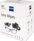Front view: ZEISS Lens Wipes box with 200 pre-moistened wipes for glasses and camera lenses