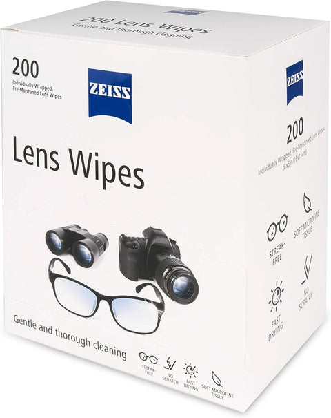 Front view: ZEISS Lens Wipes box with 200 pre-moistened wipes for glasses and camera lenses