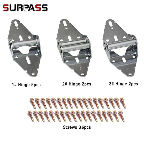 Beefed Up Heavy Duty Galvanized Garage Door Hinges, 9 Piece Replacement Kit with screws displayed