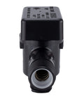 RV Vacuum Breaker Check Valve Protects Fresh Water From Pollutants And Backflow In Your RV Water System Ideal For One Fixture Use For Safe Fresh Water On The Go Made In America, front view of black plastic valve showing pipe opening with white insert