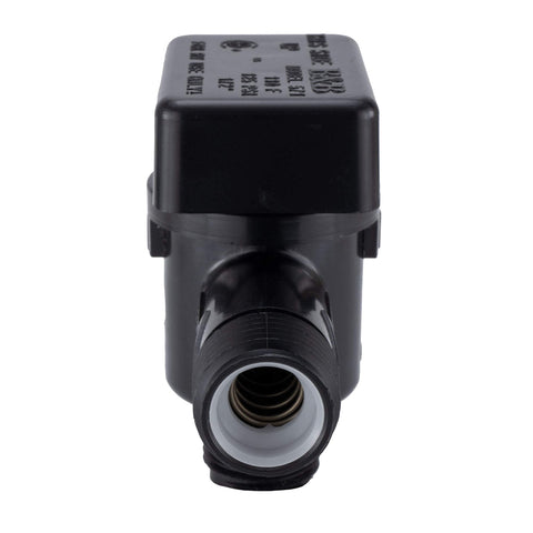 RV Vacuum Breaker Check Valve Protects Fresh Water From Pollutants And Backflow In Your RV Water System Ideal For One Fixture Use For Safe Fresh Water On The Go Made In America, front view of black plastic valve showing pipe opening with white insert