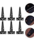 Rustproof Iron T Shaped Hinges for doors, gates, sheds, black coated with smooth grip, shown in set of six with hole details