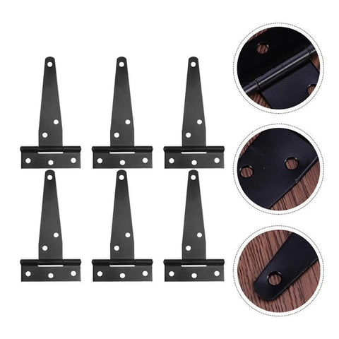 Rustproof Iron T Shaped Hinges for doors, gates, sheds, black coated with smooth grip, shown in set of six with hole details