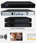 Front and back view of 4K Ultra HD Security System With 32 Channel PoE NVR And 32 Beefed Up Weatherproof 8MP AI Cameras For Face, Human, And Vehicle Detection, Indoor Outdoor Surveillance With Twenty Four Seven Video And Audio Recording, shown with connectivity ports and mobile viewing app display.