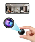 Ultra Mini WiFi Camera 1080P HD Surveillance Hidden Nanny Cam in hand with remote viewing on phone
