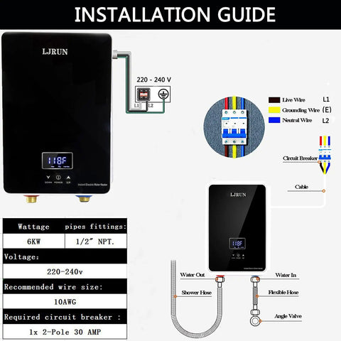 Installation guide for Instant 240V 6kW Tankless Electric Water Heater On Demand Hot Water For Kitchen And Bathroom.