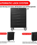 24 Inch Cold Rolled Steel Tool Box With Drawers Rolling Tool Chest On Wheels Lockable Storage For Garage And Workshop Heavy Duty Tool Organizer Black Finish showing automatic lock system.