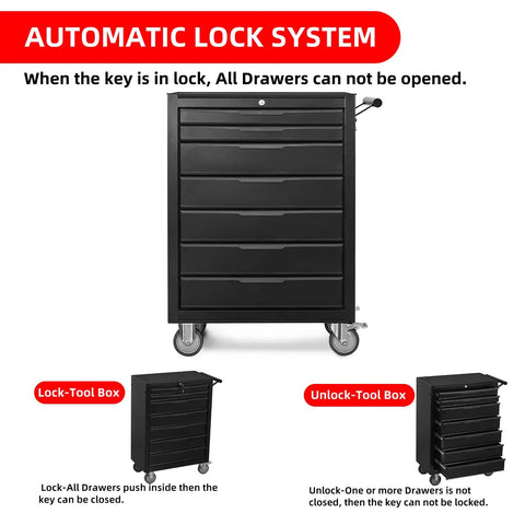 24 Inch Cold Rolled Steel Tool Box With Drawers Rolling Tool Chest On Wheels Lockable Storage For Garage And Workshop Heavy Duty Tool Organizer Black Finish showing automatic lock system.
