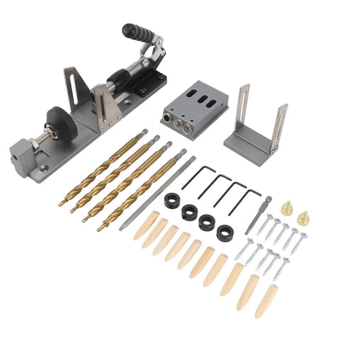 Pro Grade Aluminum Pocket Hole Jig Kit With Dowel Drill And Joinery Screws Woodworking Guides For Precise Angle Joints Step Drill Wrench Included Durable Carpentry Tool For Quick Clean Professional Finish components laid out