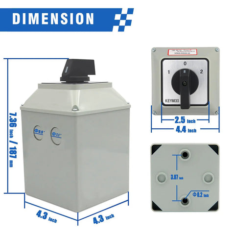 Dimensions of 63A Rotary Changeover Switch With Exterior IP65 Enclosure, 4NO 4NC, 2 Way 3 Position Cam Switch, 16 Terminals