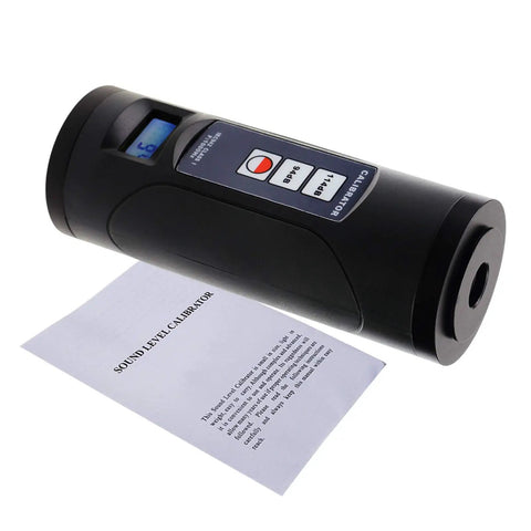 Pro Grade Sound Level Calibrator and Decibel Meter, black device near manual, screen displaying data
