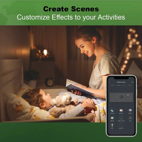 Mother reading to child with 24 Inch Smart LED Flat Panel Ceiling Light Direct Wire In Brushed Nickel, phone app control visible.