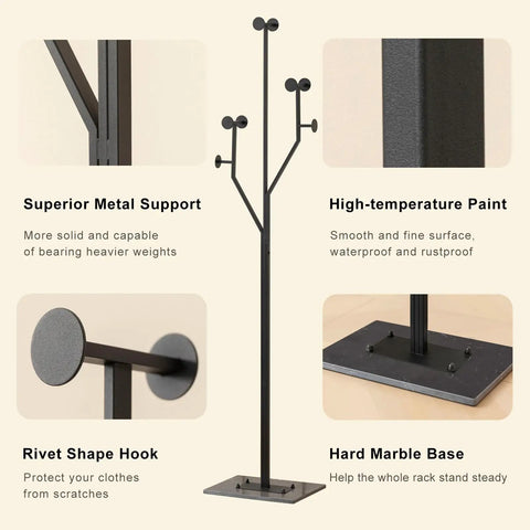 Heavy-Duty Freestanding Coat Rack With Tree-Shaped Metal Design And Marble Base showing metal support and features
