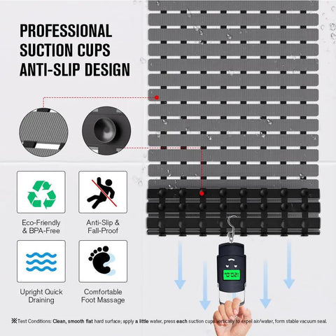 Rock Solid Non Slip Shower Mat With Mega Tight Suction Cups And Rapid Drain Holes For Tub Security shown with anti-slip design and QR codes.