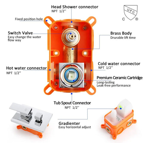 Top Notch Chrome Shower System With Rainfall Head Wall Mounted Faucet With Tub Spout Handle Set Trim Kit And Rough In Valve diagram