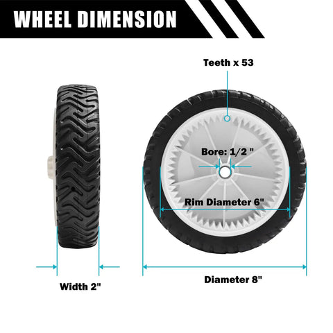 8 Inch Front Drive Wheel Set For Toro 22 Inch Recycler Self Propelled Lawn Mower Replacement 105-1815 Gear Assembly, dimensions shown