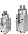 Badass Pneumatic Actuator With Rotary Swing Finger Design For Heavy Duty Industrial Automation Pick And Place Tasks Built Damn Tough No Sweat Cylinder Gripper Tool close-up of two aluminum actuators with dual gripping fingers.