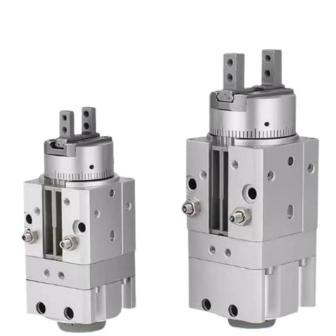 Badass Pneumatic Actuator With Rotary Swing Finger Design For Heavy Duty Industrial Automation Pick And Place Tasks Built Damn Tough No Sweat Cylinder Gripper Tool close-up of two aluminum actuators with dual gripping fingers.