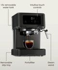 CraftBrew Digital Espresso Machine With 15 Bar Pump And Steam Wand For Lattes And Cappuccinos Compact Stainless Black Coffee Maker showcasing intuitive touch controls and removable water tank.