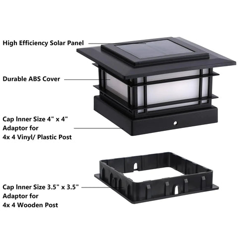 Boss Tier 4X4 Solar Post Cap Lights With Slick Black Shield And Dual Tone LED Panels For Vinyl Or Wooden Fences To Brighten Your Garden Deck Patio Area Daily, showing solar panel and adapters.