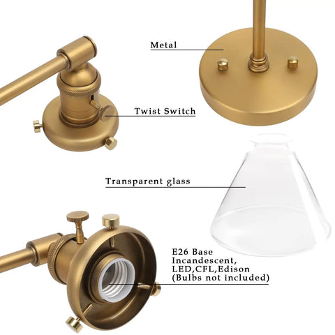 Industrial Dope Double Sconce Wall Light With Dual Seven Point Three Inch Cone Clear Glass Shades Brushed Metal Finish E26 Socket Vintage Modern Hallway Bedroom Lighting close-up showing metal components and E26 socket.