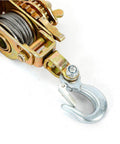 Close-up of hook and cable on Beefy 2 Ton Come Along Winch Hand Cable Puller With 2 Hooks And 2 Gears Heavy Duty Lever Hoist.