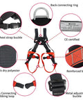 Beefy Full Body Climbing Harness with CE certified EN353-1 rescue gear, showing chest strap buckle, back ring, polyester webbing, and metal buckle.