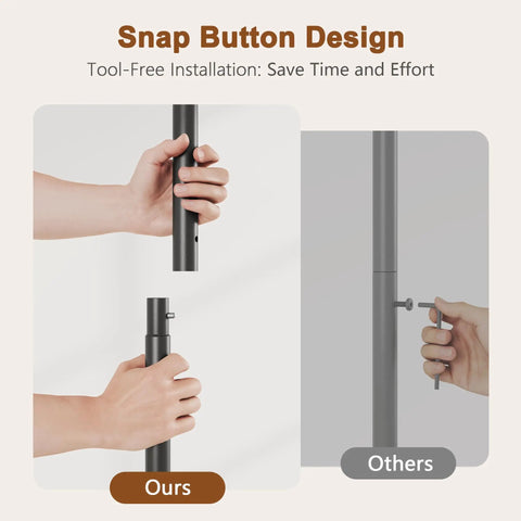 Snap button design comparison for tool-free installation, showcasing ease of use for Hella Sturdy Industrial Console Table.