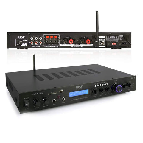 Bluetooth Home Theater Receiver With 200W 5 Channels Sub Out Karaoke Ready Dual Mic Wireless Streaming USB SD MP3 Player RCA Input FM Radio LCD Display PDA7BU