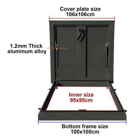 Heavy Duty Aluminum Roof Access Hatch Door With Maintenance Hatch And Security Barrier For Emergency Access In Factory Warehouse Or Home Attic Skylight Cover Rainproof Anti Theft Blackout 95x95cm, open view