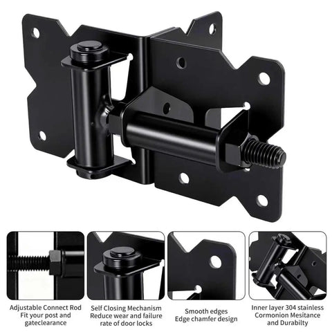 Self Closing Gate Hinge And Latch Kit For Wooden And Vinyl Fence Gates, Easy Install, Durable Weatherproof Self Locking Gate Latch, Fits Outdoor Fences Like Pool Gates And Barn Doors, Smooth Quiet Operation, black steel hinge-latch kit