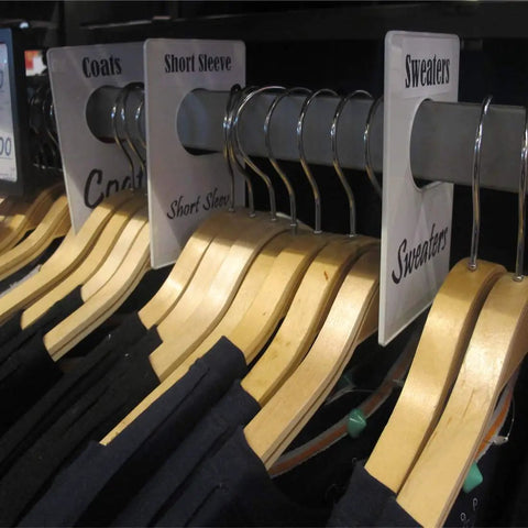 Pearl White Large Rectangular Closet Dividers Set With 16 Clothing Rack Size Dividers organizing black shirts on hangers